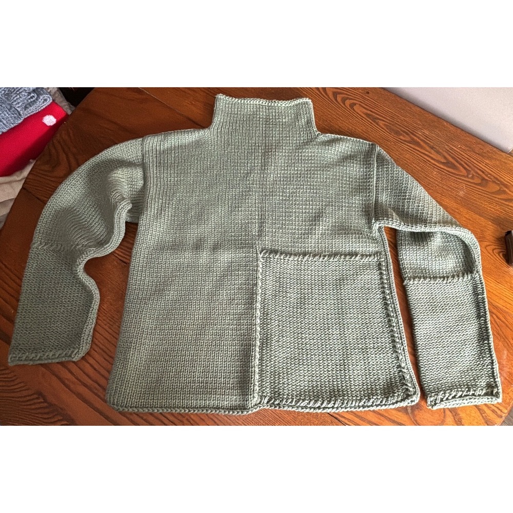 Pure Handknit Roll Neck And Cuff Sweater Womens S /‎ M Green Chunky Crop Cotton